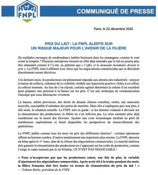PRIX DU LAIT : LA FNPL ALERTE SUR UN RISQUE MAJEUR POUR L’AVENIR DE LA FILIÈRE
